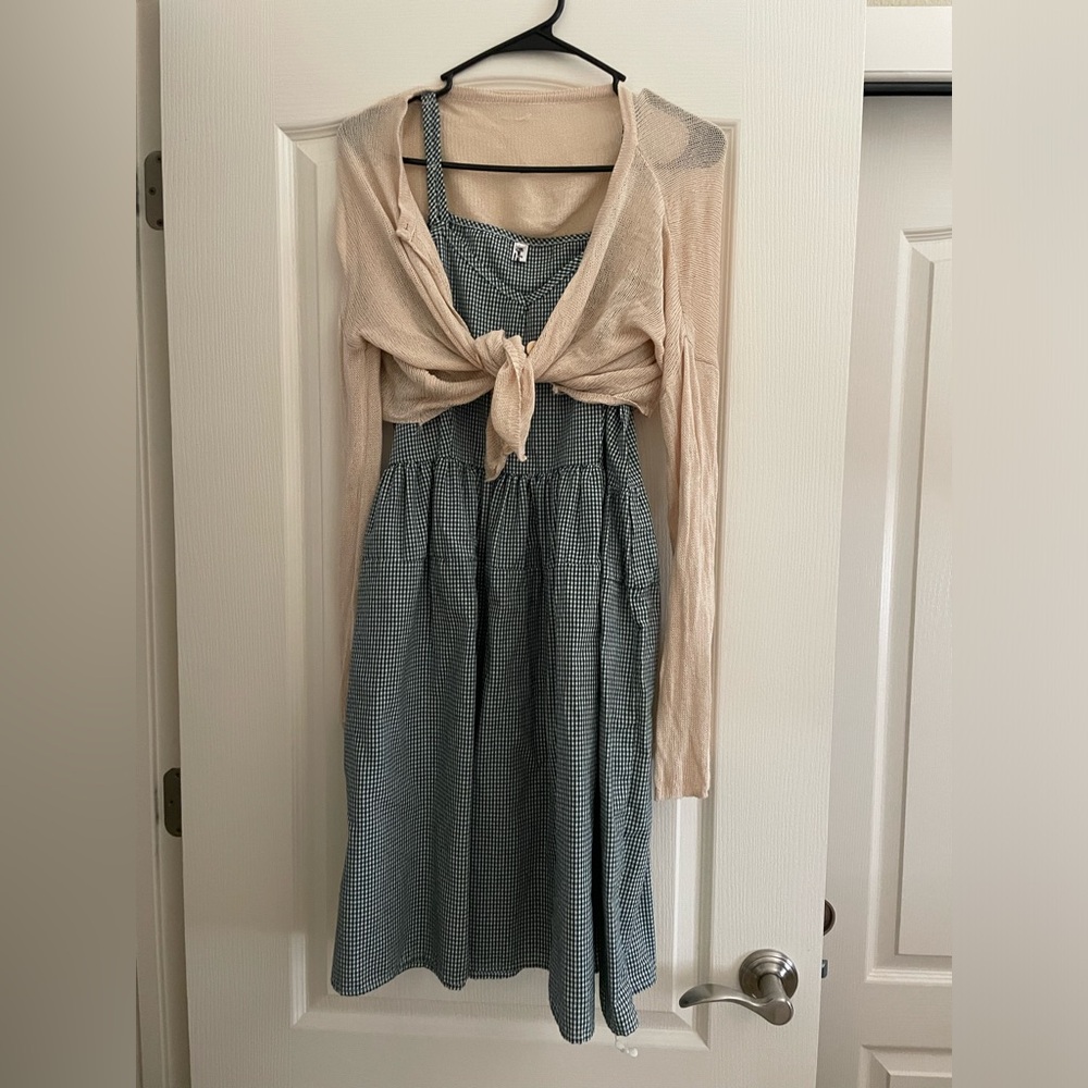 Gingham checked green sleeveless dress S/M with gold cardigan